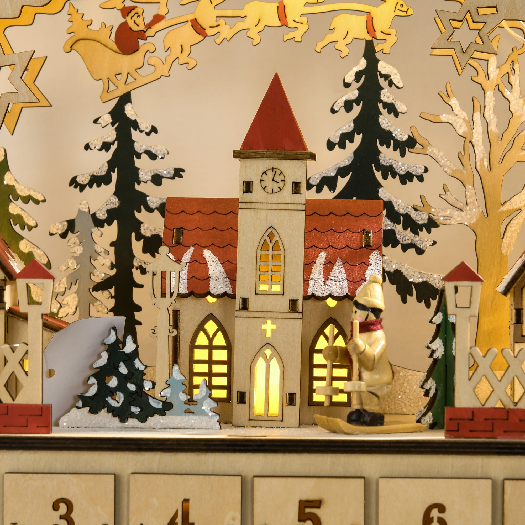 HOMCOM Wooden Christmas Advent Calendar, Light Up Table Holiday Decoration with 24 Countdown Drawers and LED Lights for Kids and